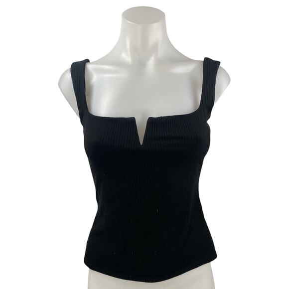 Reformation Maria Black Sleeveless Notch V Neck Ribbed Knit Crop Tank Top Size S - Picture 2 of 5